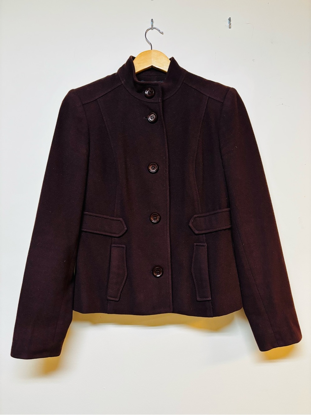 Chocolate Brown Wool Funnel Neck Button Down Jacket Blazer Size 4